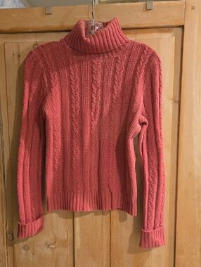 Turtleneck Cable Knit Sweater - Coral Pink